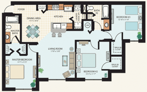 3 Bedroom Floor Plan at Hunt Club Apartments in Tampa FL